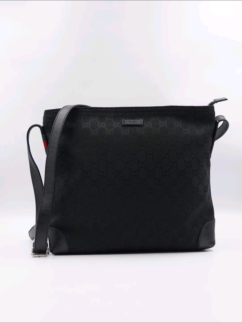 Gucci Black Monogram Crossbody Bag with Signature Web Trim